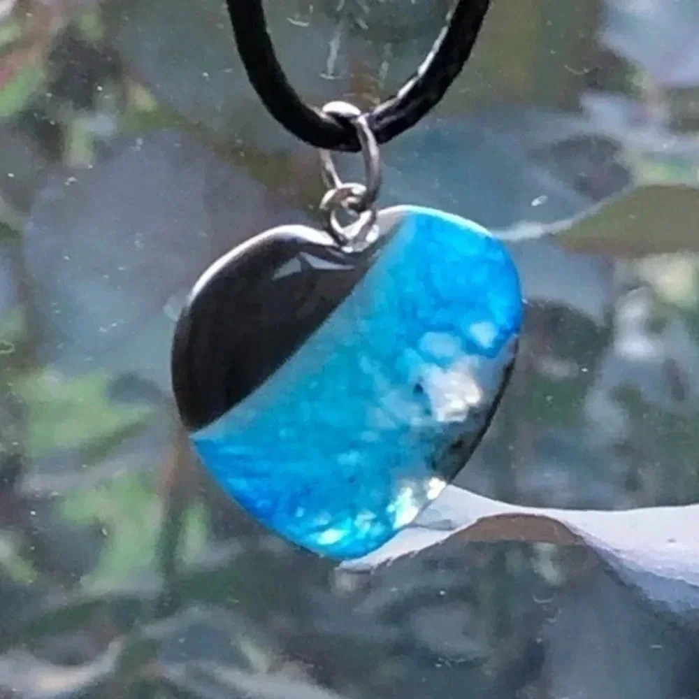 Blue & Gray Dragon Vein Heart Black Waxed Cord Necklace Handmade New NWT